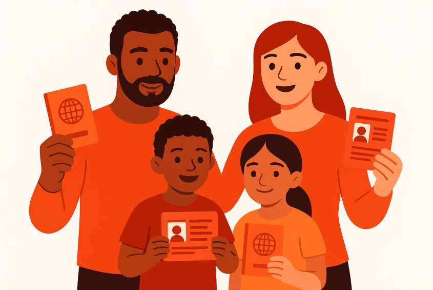 U.S. immigration paperwork and family support illustration